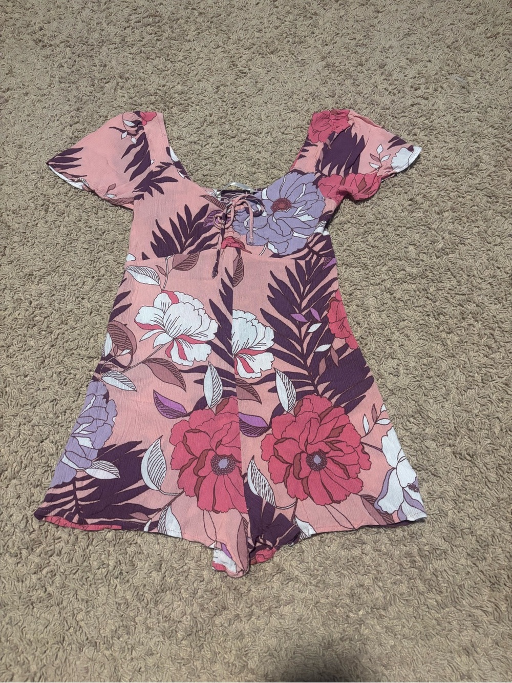 Quiet Storm Floral Pink Short Sleeve Romper with Lace-Up Front
